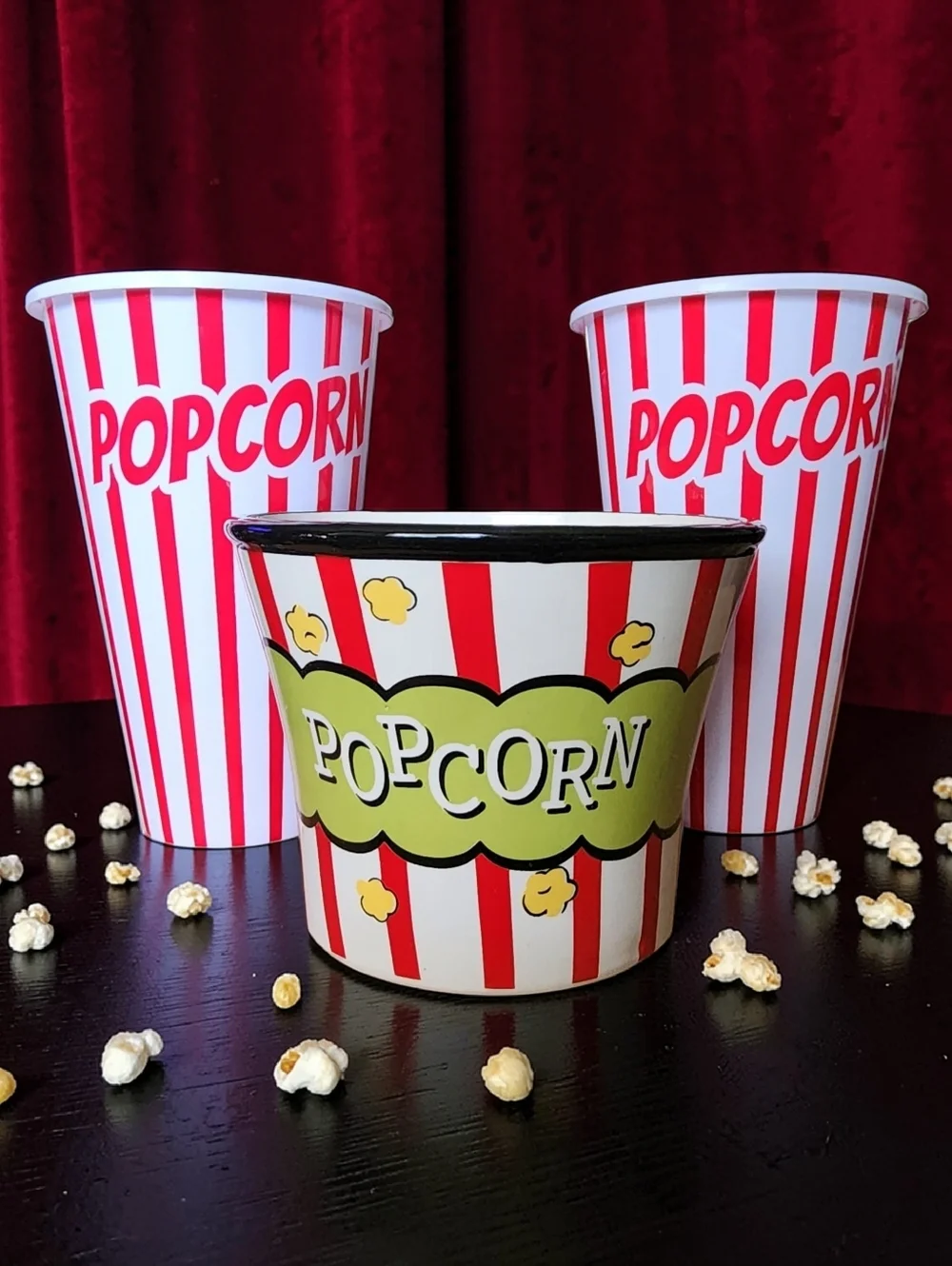 Red and White Striped Popcorn Cups & Tub